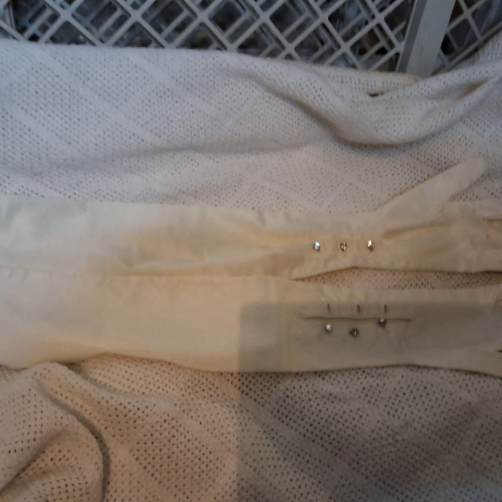 Vintage Aris White Satin Rhinestone closure elbow length gloves 7.5